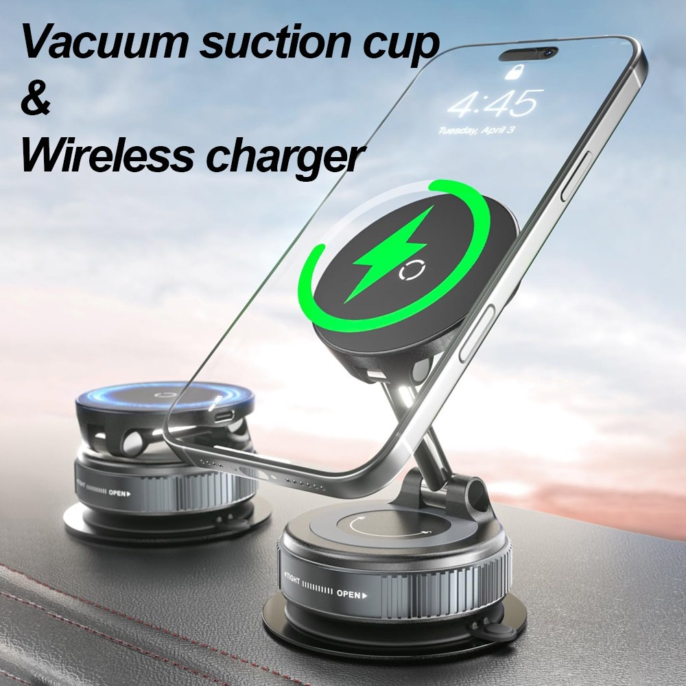 Wireless Car Charger Mount Fast Charging - ที่วางโทรศัพท์เครื่องชาร์จไร้สายแบบแม่เหล็กในรถยนต์ & 360 ° ขาตั้งถ้วยดูดสูญญากาศหมุนสําหรับ iPhone