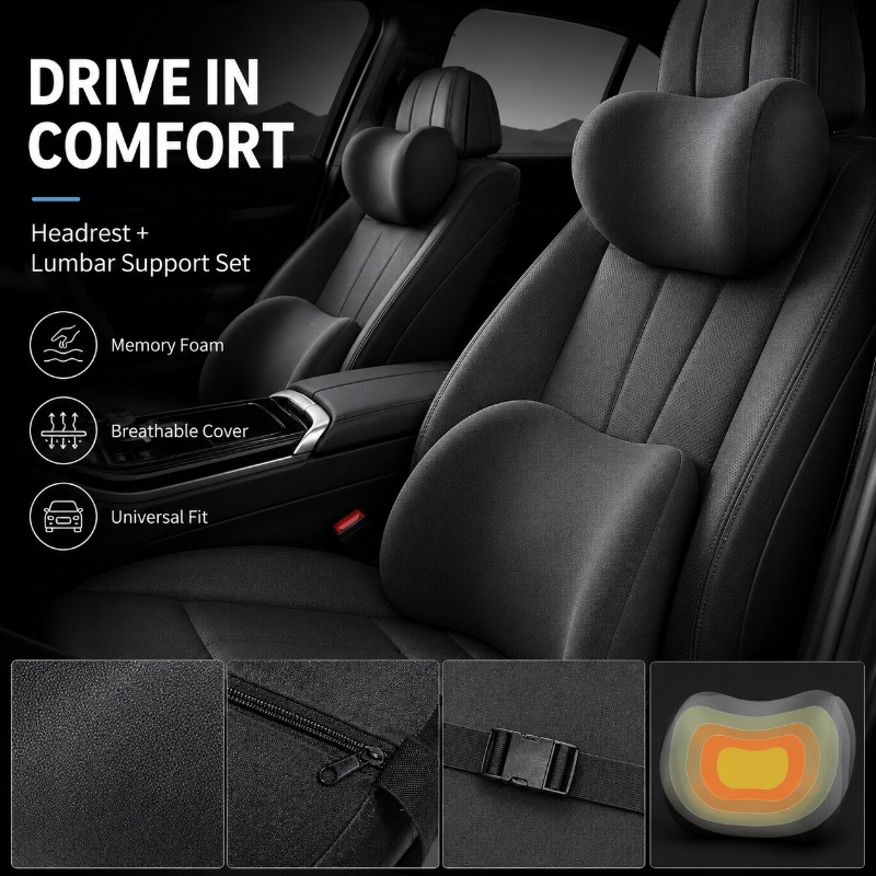 Memory Foam Car Neck Pillow Lumbar Support - ชุดหมอนรองคอและเบาะรองหลังสำหรับรถยนต์, หมอนรองหลังเมมโมรี่โฟมเพื่อความสบายในการขับขี่