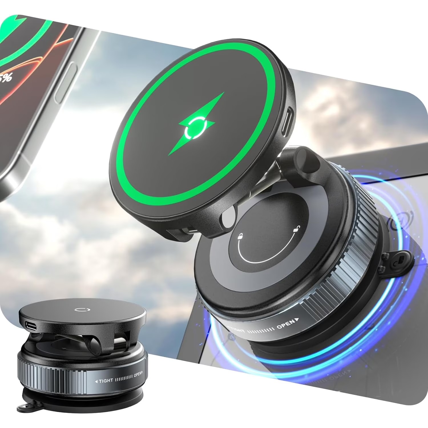Wireless Car Charger Mount Fast Charging - ที่ชาร์จไร้สาย 15W สำหรับรถยนต์ พร้อมที่ยึดโทรศัพท์แบบสุญญากาศ หมุนได้ 360