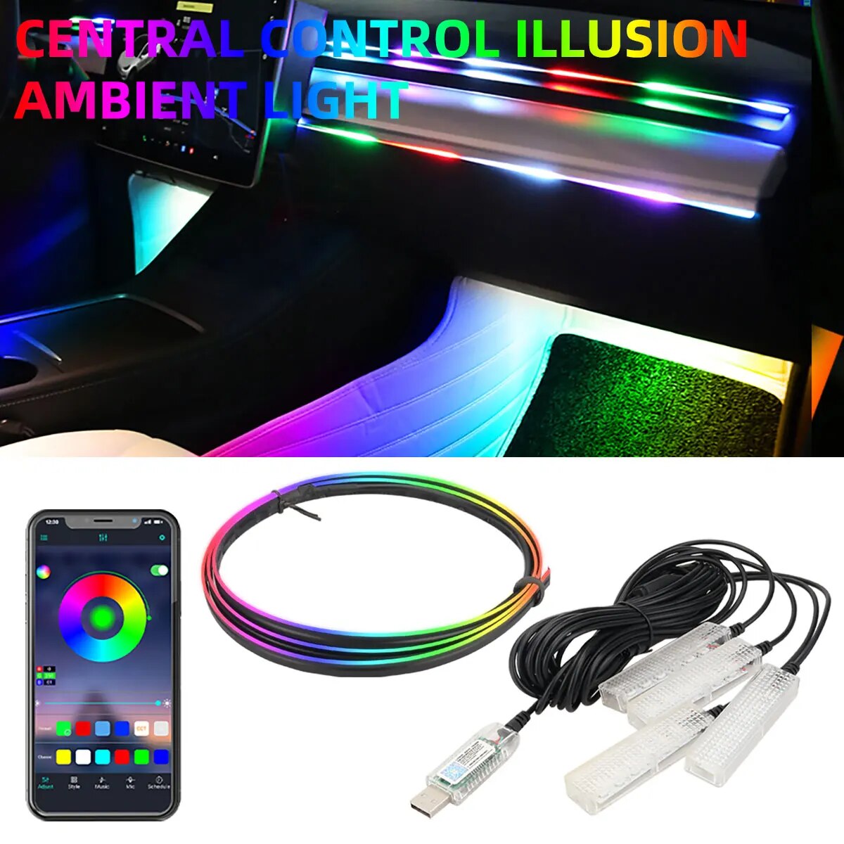4ใน1รถซิมโฟนีแอลอีดีพร้อม USB  - Led Ambient Interior Car Lights App Control บทวิจารณ์และราคา