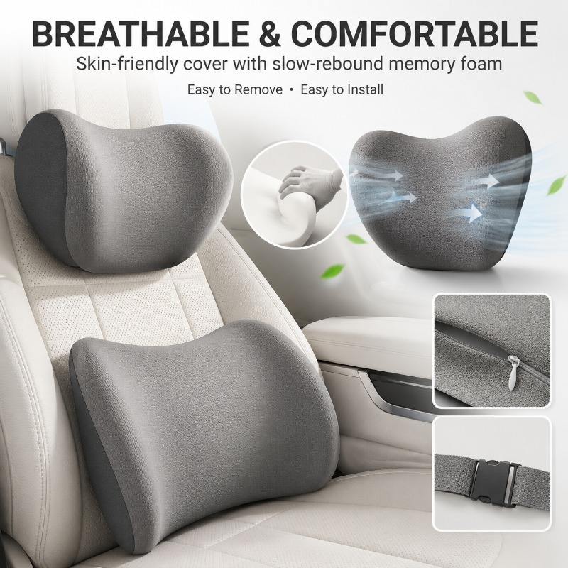 ชุดหมอนรองคอและเบาะรองหลังสำหร - Memory Foam Car Neck Pillow Lumbar Support บทวิจารณ์และราคา