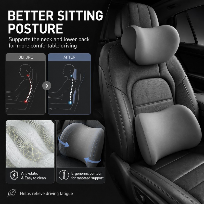 ชุดหมอนรองคอและเบาะรองหลังสำหร - Memory Foam Car Neck Pillow Lumbar Support บทวิจารณ์และราคา
